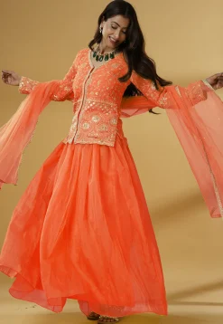 Embroidered Organza Lehenga in Orange
