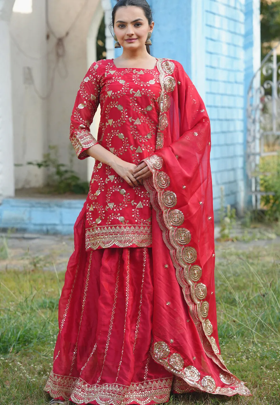 Embroidered Organza Lehenga in Red