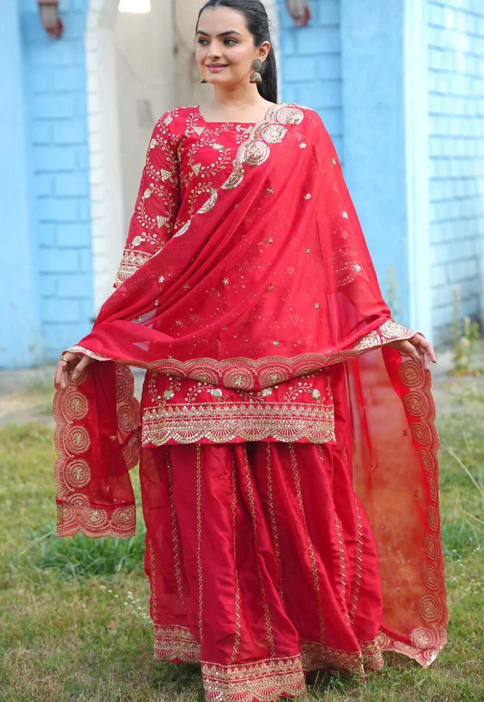 Embroidered Organza Lehenga in Red