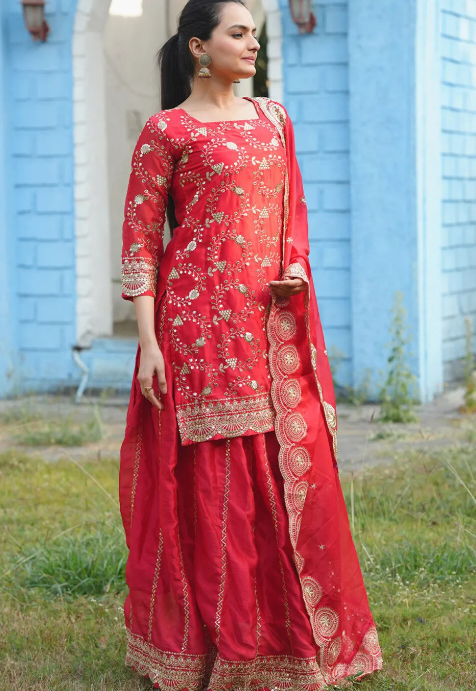 Embroidered Organza Lehenga in Red
