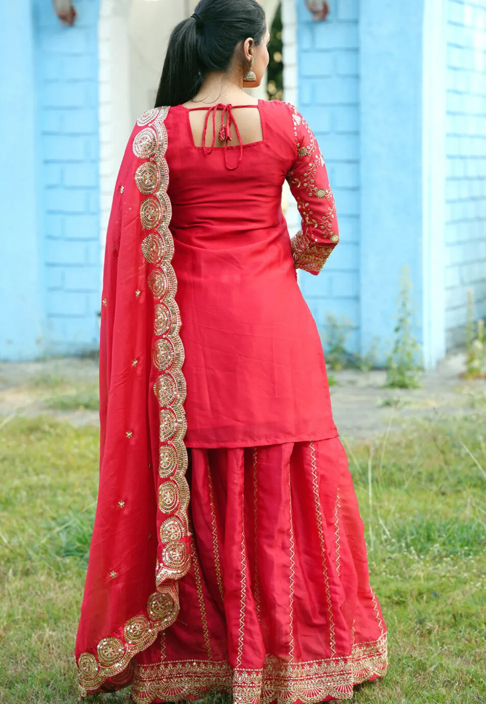 Embroidered Organza Lehenga in Red