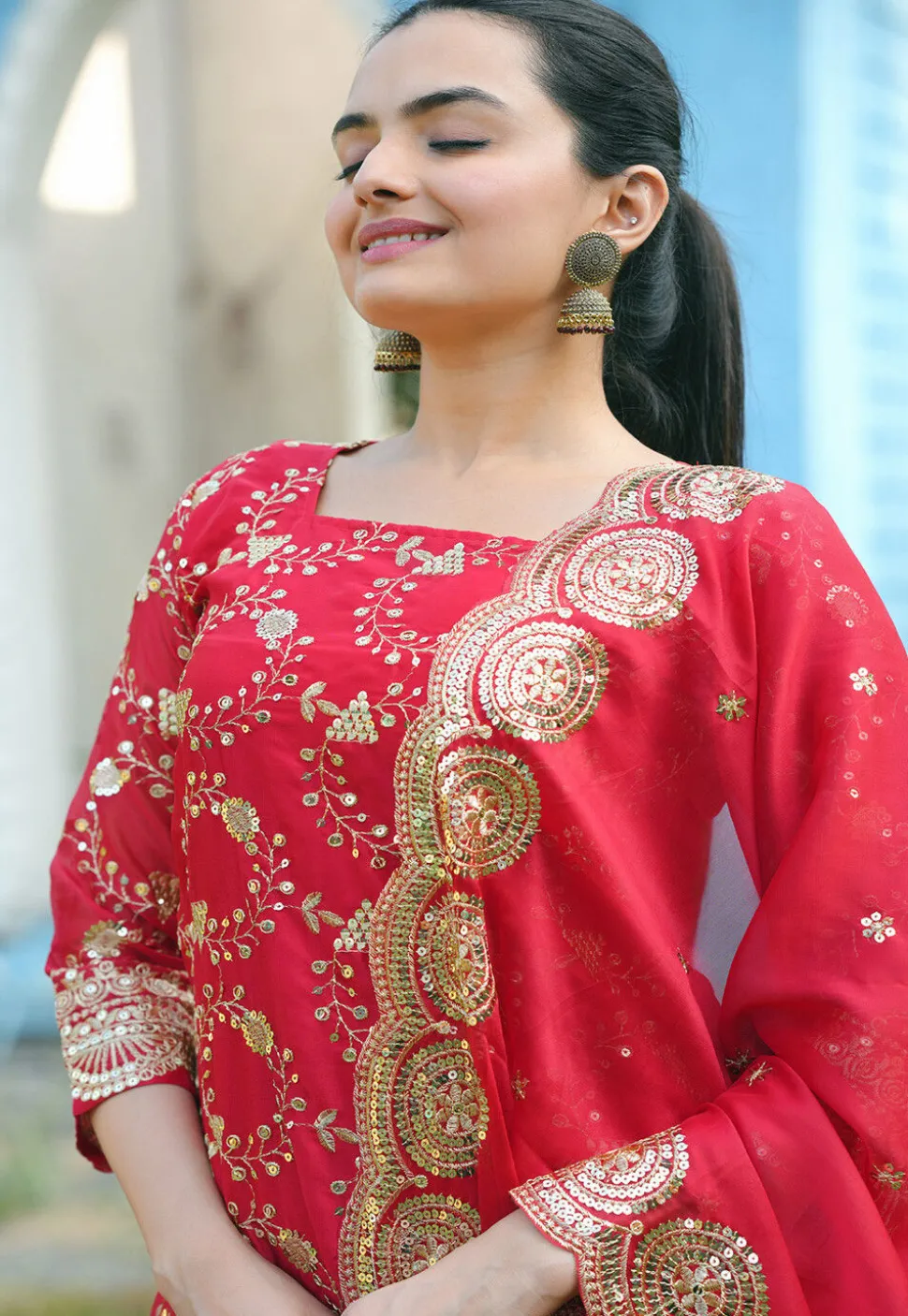 Embroidered Organza Lehenga in Red