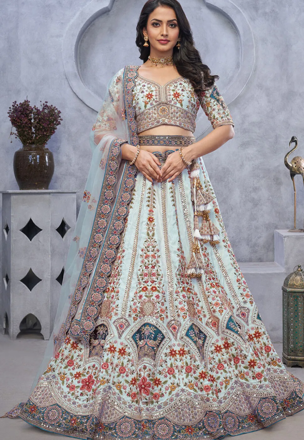 Embroidered Organza Lehenga in Sky Blue