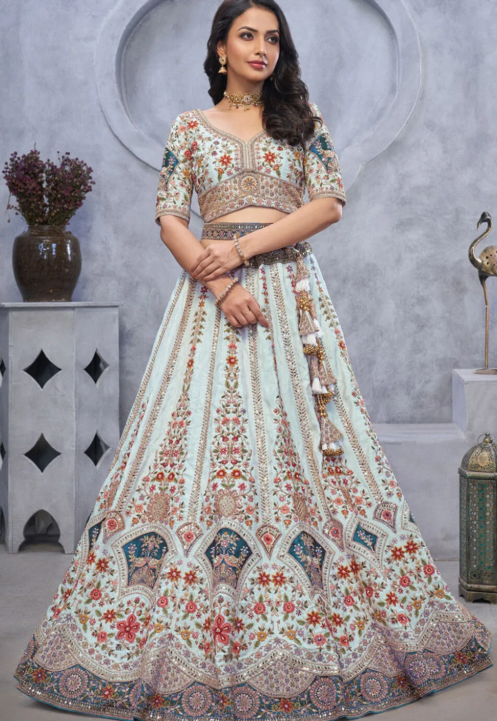 Embroidered Organza Lehenga in Sky Blue