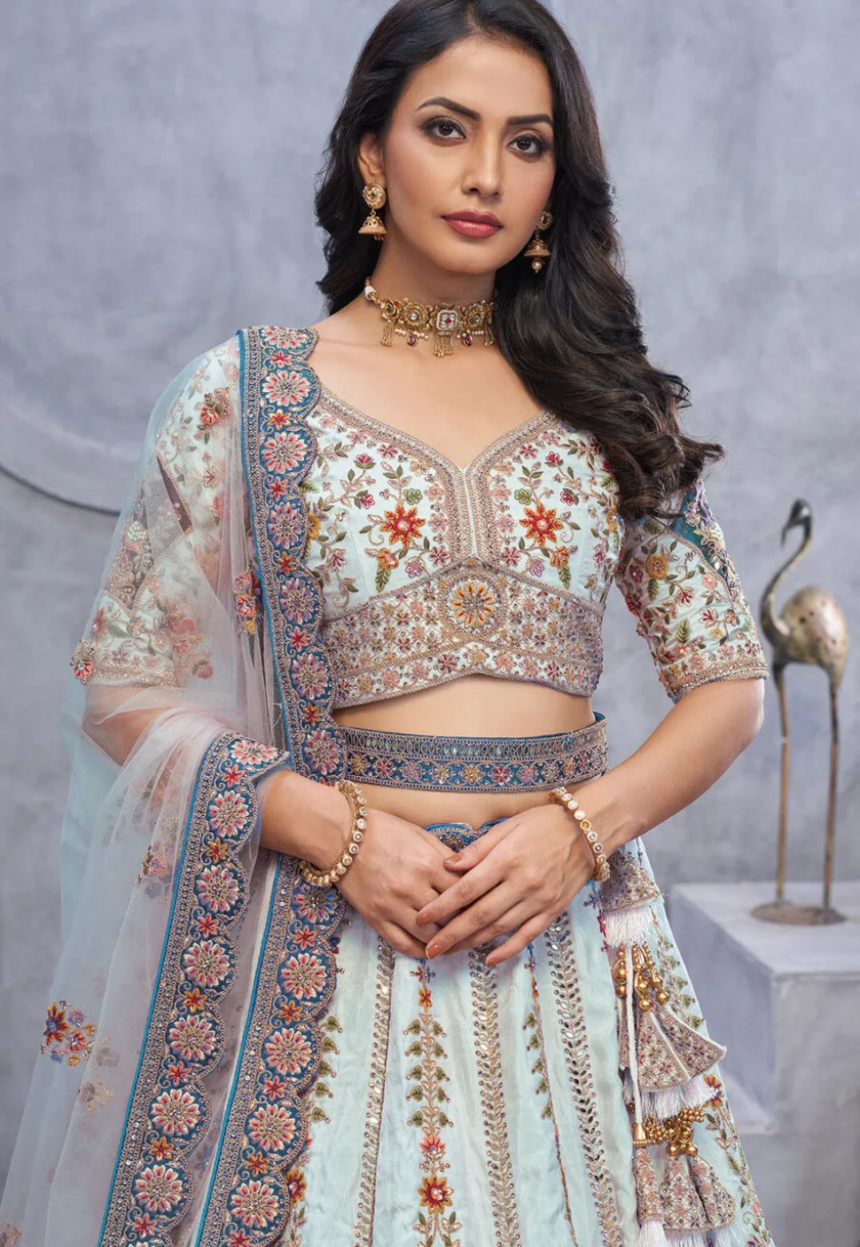 Embroidered Organza Lehenga in Sky Blue