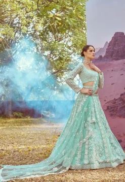 Embroidered Organza Lehenga in Sea Green