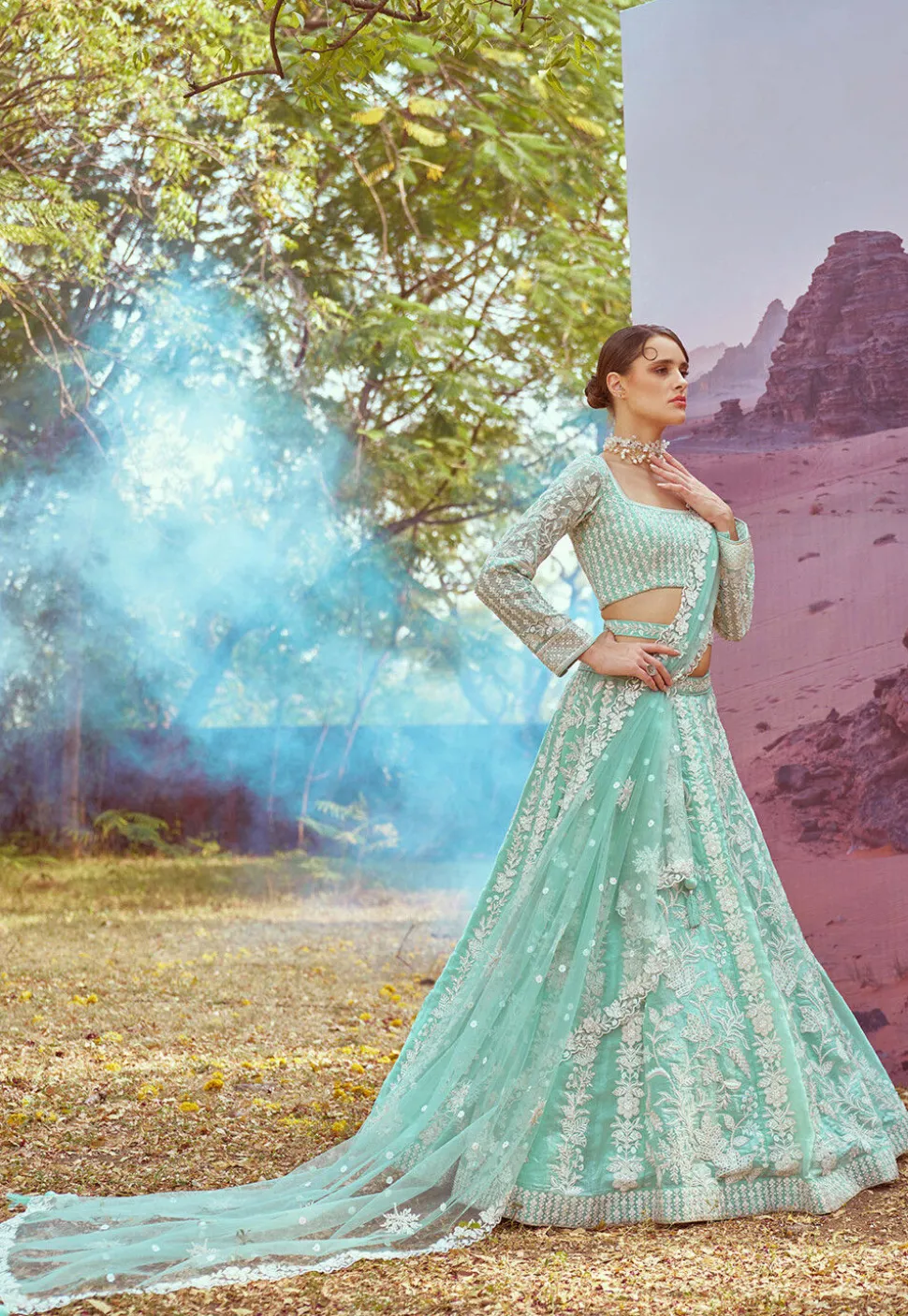 Embroidered Organza Lehenga in Sea Green