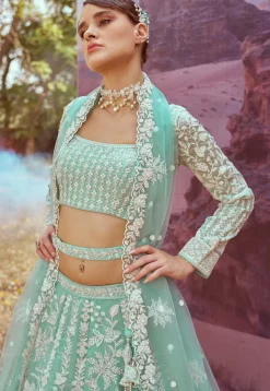 Embroidered Organza Lehenga in Sea Green