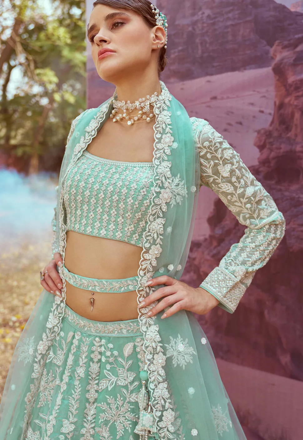 Embroidered Organza Lehenga in Sea Green