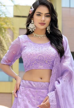 Embroidered Organza Lehenga in Purple
