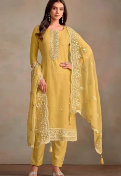 Embroidered Organza Pakistani Suit in Yellow