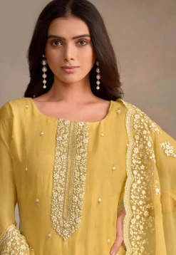 Embroidered Organza Pakistani Suit in Yellow