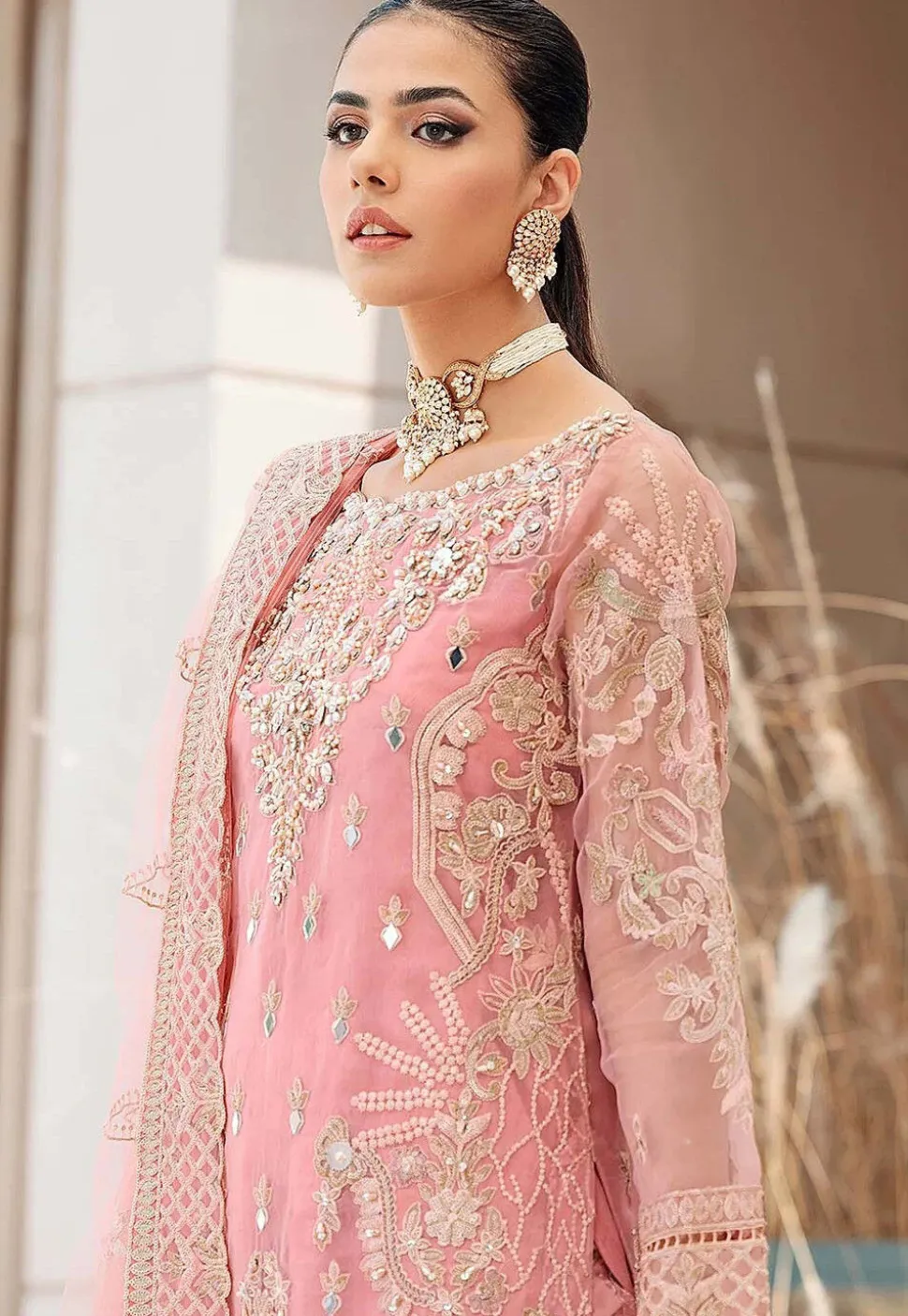Embroidered Organza Pakistani Suit in Peach