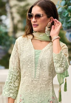 Embroidered Organza Pakistani Suit in Cream and Green