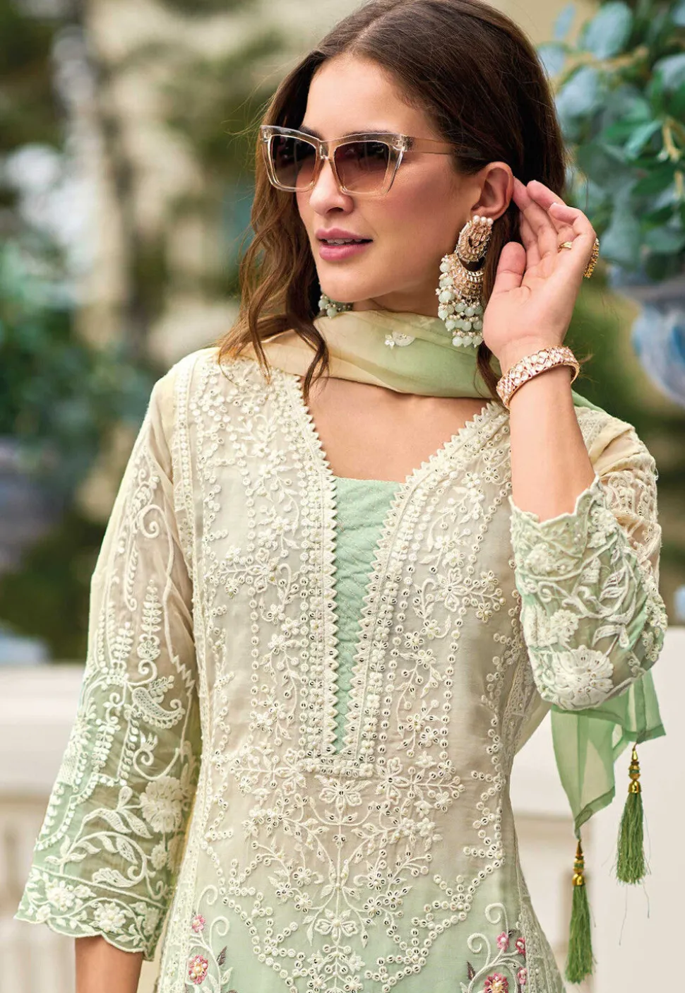 Embroidered Organza Pakistani Suit in Cream and Green