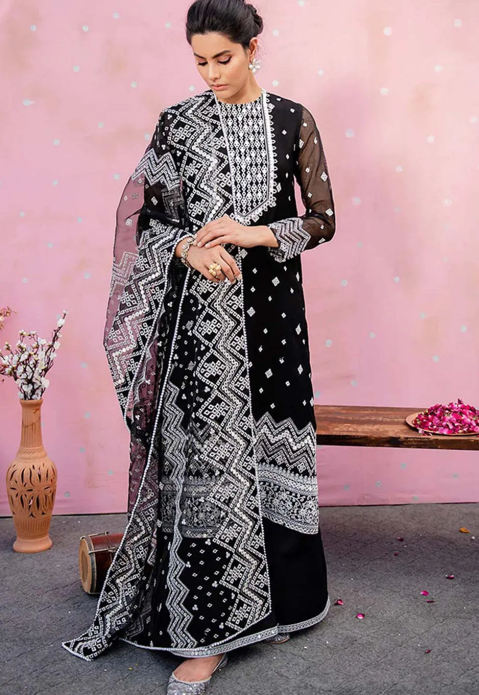 Embroidered Organza Pakistani Suit in Black