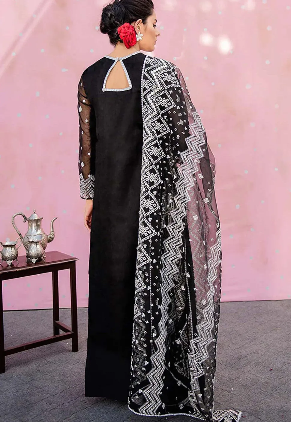 Embroidered Organza Pakistani Suit in Black
