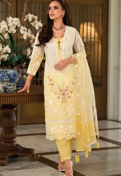Embroidered Organza Pakistani Suit in Cream and Yellow