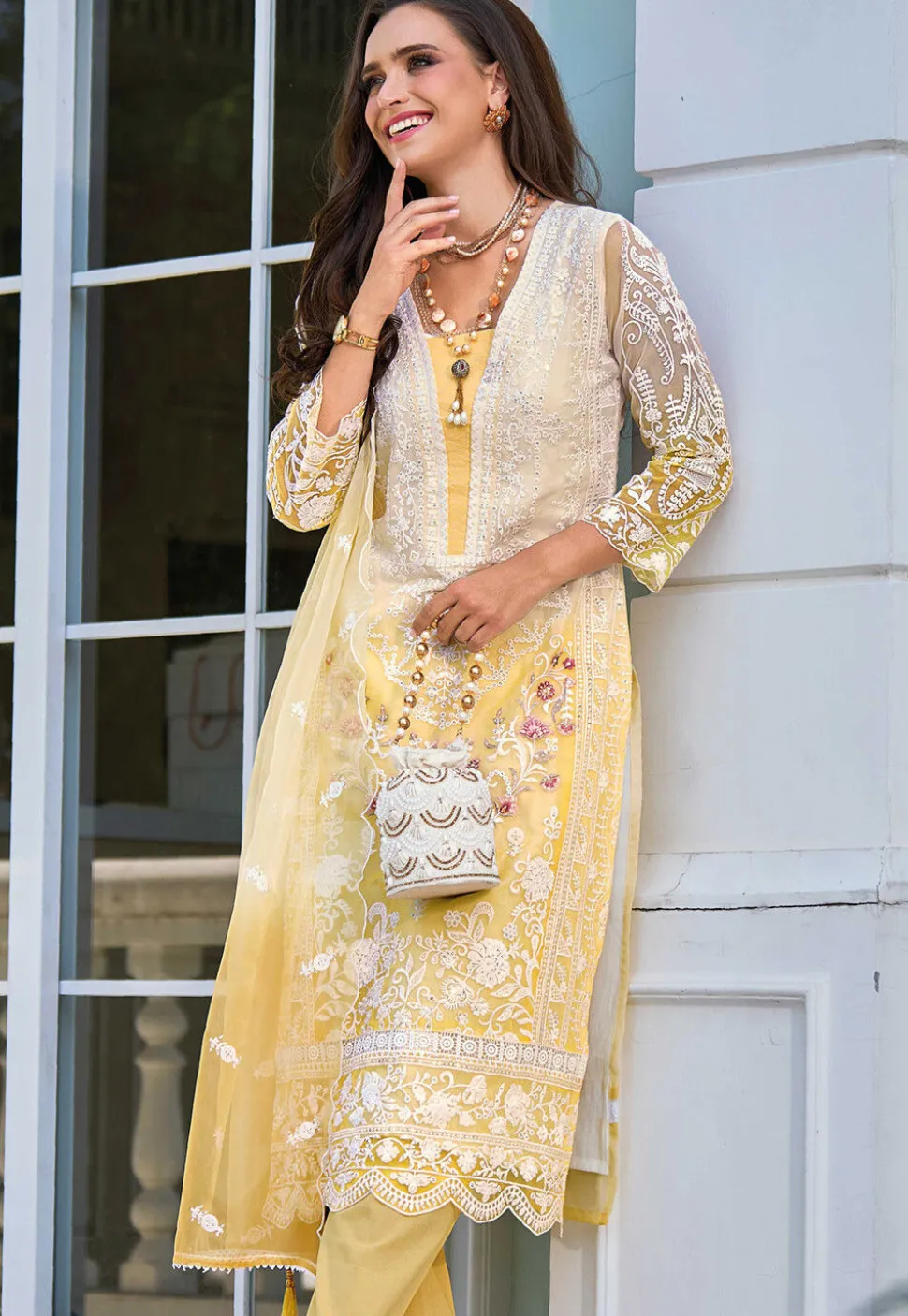 Embroidered Organza Pakistani Suit in Cream and Yellow