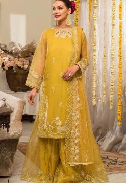 Embroidered Organza Pakistani Suit in Yellow