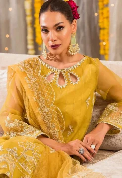 Embroidered Organza Pakistani Suit in Yellow
