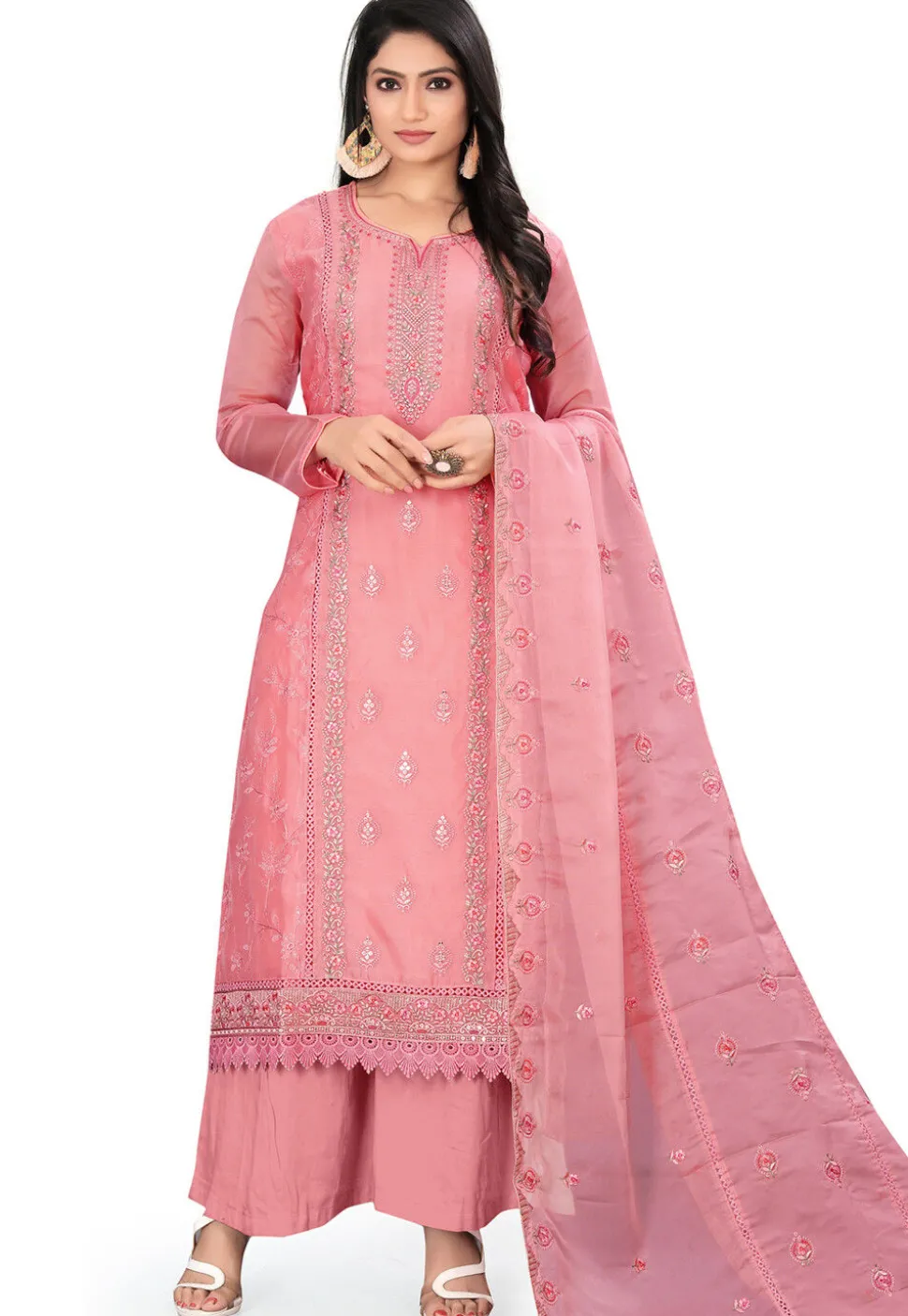 Embroidered Organza Pakistani Suit in Peach