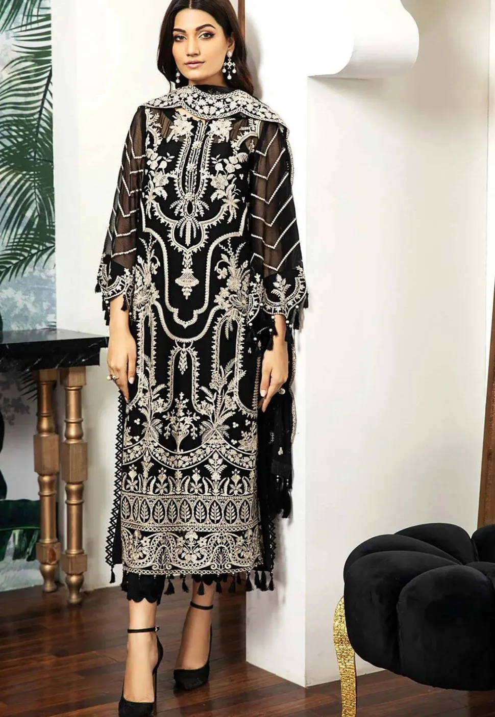 Embroidered Organza Pakistani Suit in Black