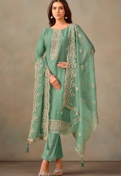 Embroidered Organza Pakistani Suit in Teal Green
