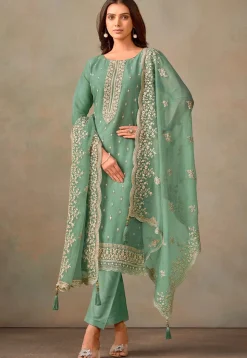 Embroidered Organza Pakistani Suit in Teal Green