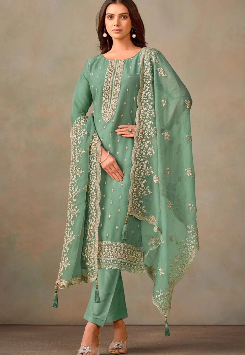 Embroidered Organza Pakistani Suit in Teal Green