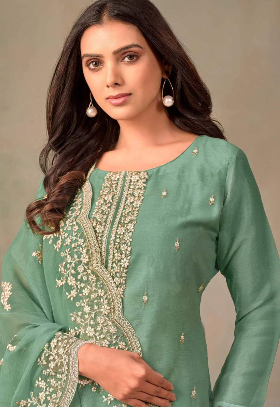 Embroidered Organza Pakistani Suit in Teal Green