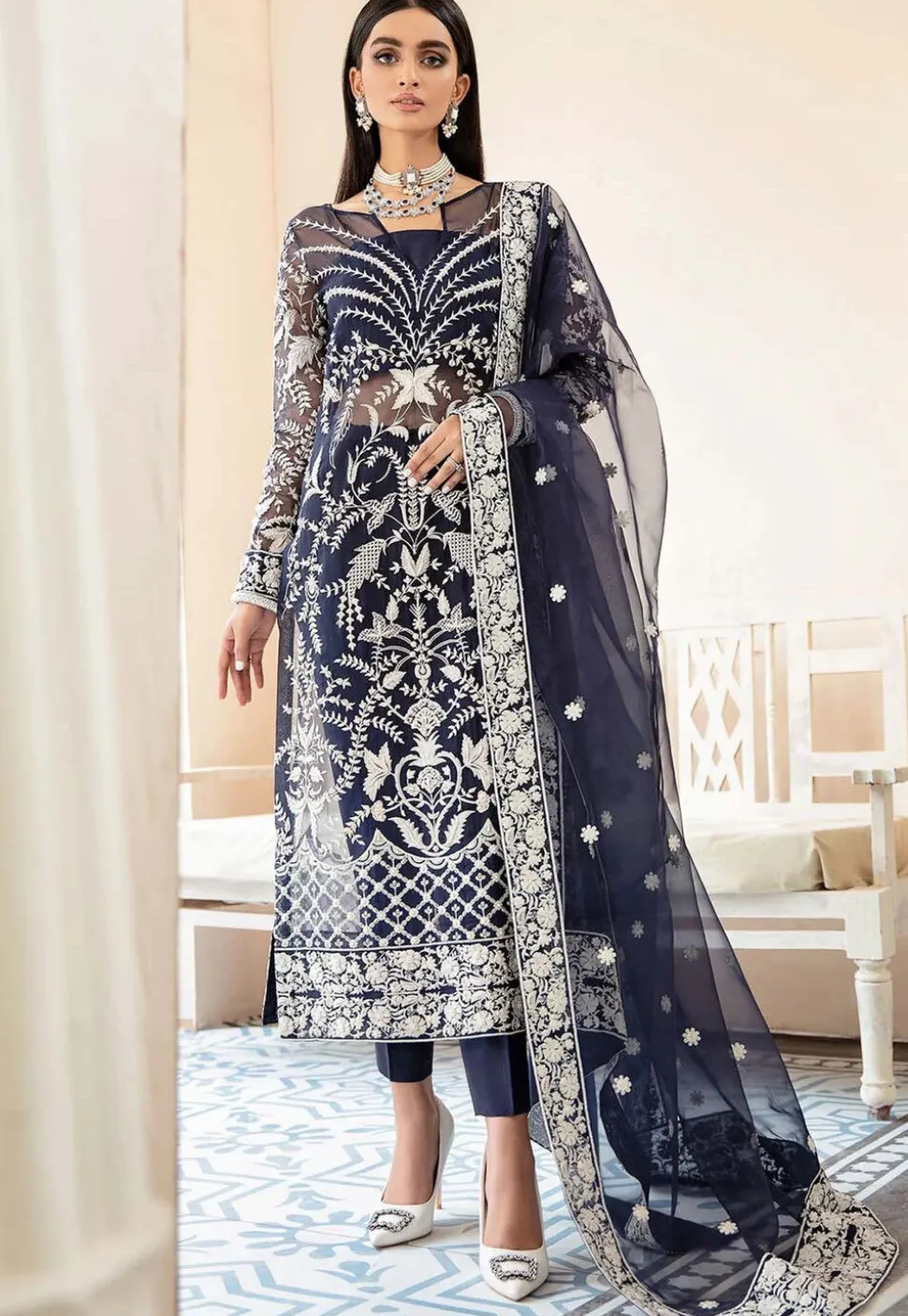 Embroidered Organza Pakistani Suit in Navy Blue