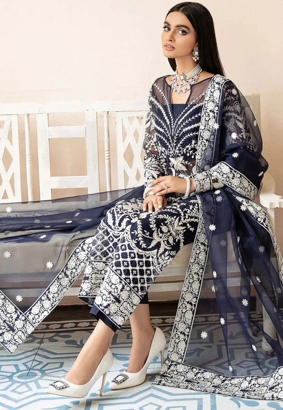 Embroidered Organza Pakistani Suit in Navy Blue