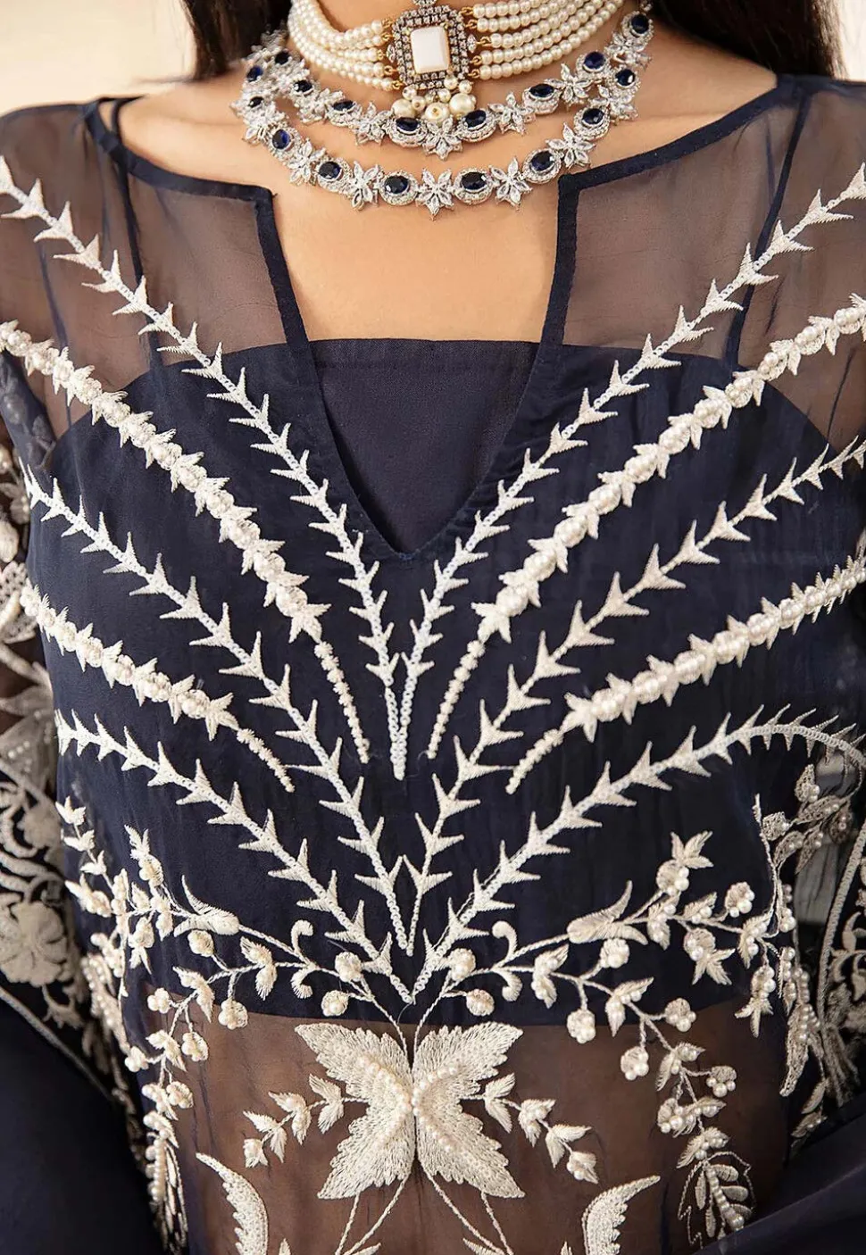 Embroidered Organza Pakistani Suit in Navy Blue