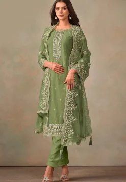 Embroidered Organza Pakistani Suit in Dusty Green