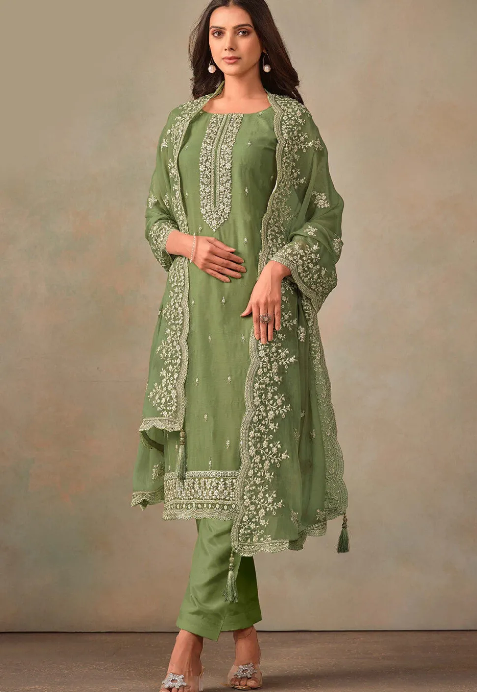 Embroidered Organza Pakistani Suit in Dusty Green