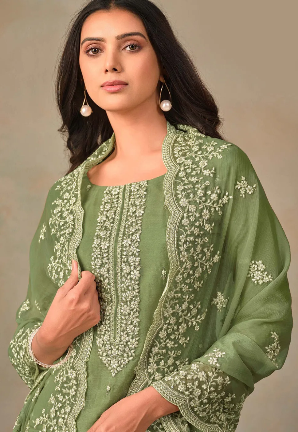 Embroidered Organza Pakistani Suit in Dusty Green