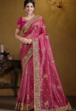 Embroidered Organza Saree in Pink