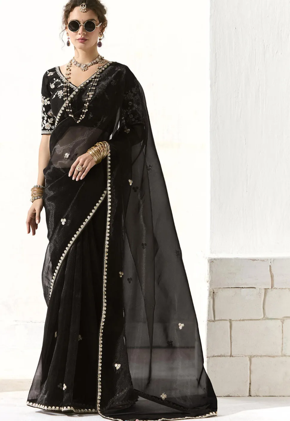 Embroidered Organza Saree in Black