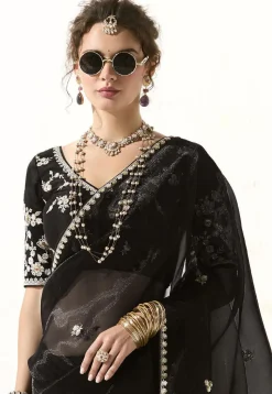 Embroidered Organza Saree in Black