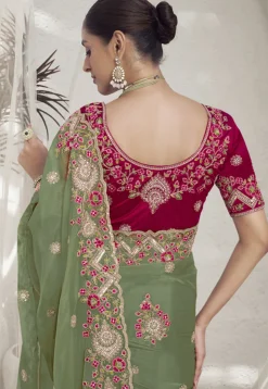 Embroidered Organza Saree in Light Green