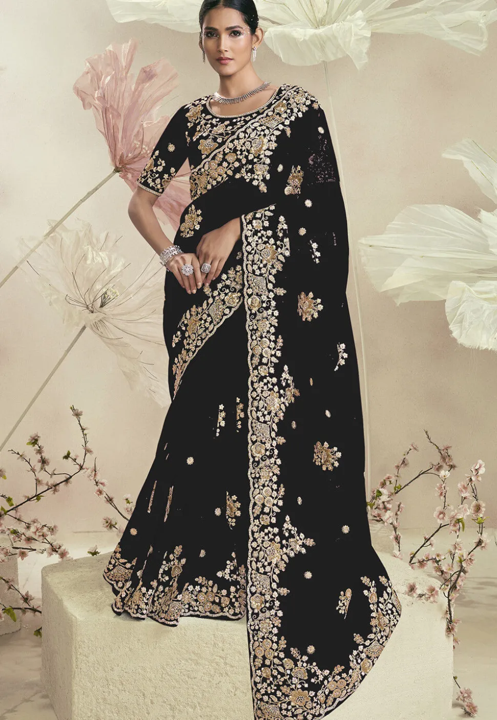 Embroidered Organza Saree in Black