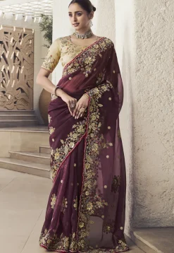 Embroidered Organza Saree in Purple
