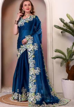 Embroidered Organza Saree in Teal Blue