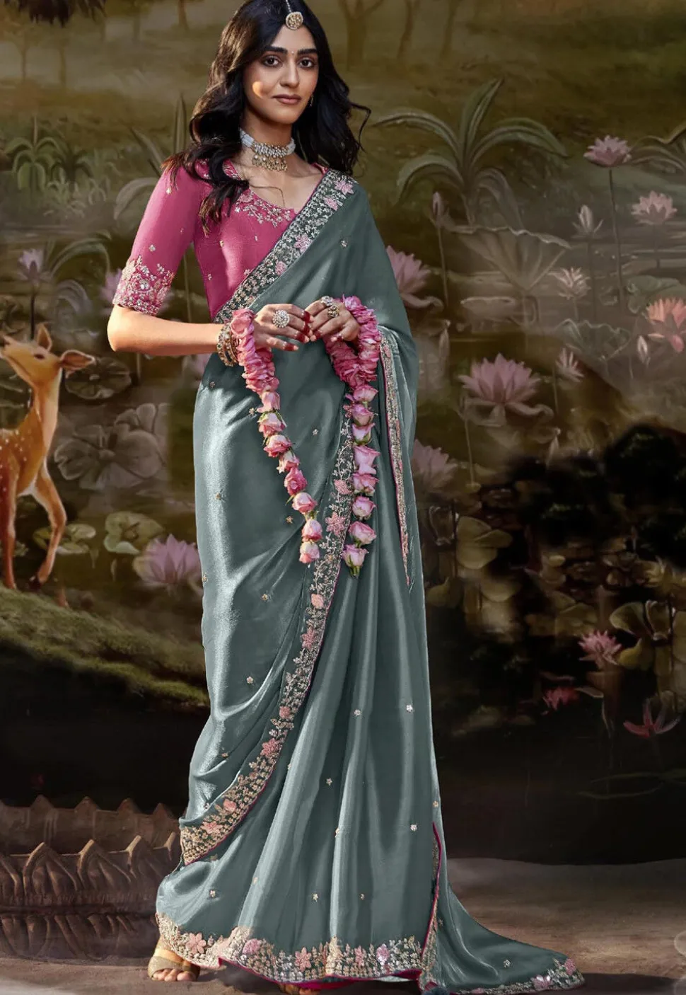Embroidered Organza Saree in Grey