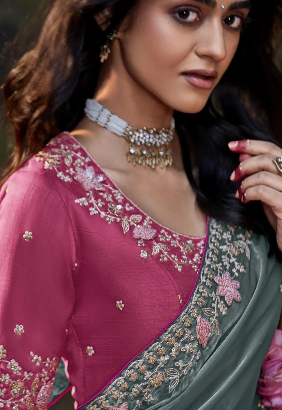Embroidered Organza Saree in Grey