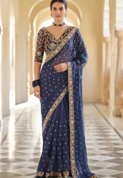 Embroidered Organza Saree in Navy Blue