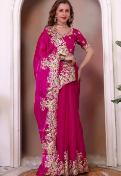 Embroidered Organza Saree in Fuchsia