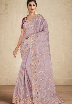 Embroidered Organza Saree in Light Purple