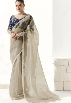 Embroidered Organza Saree in Grey